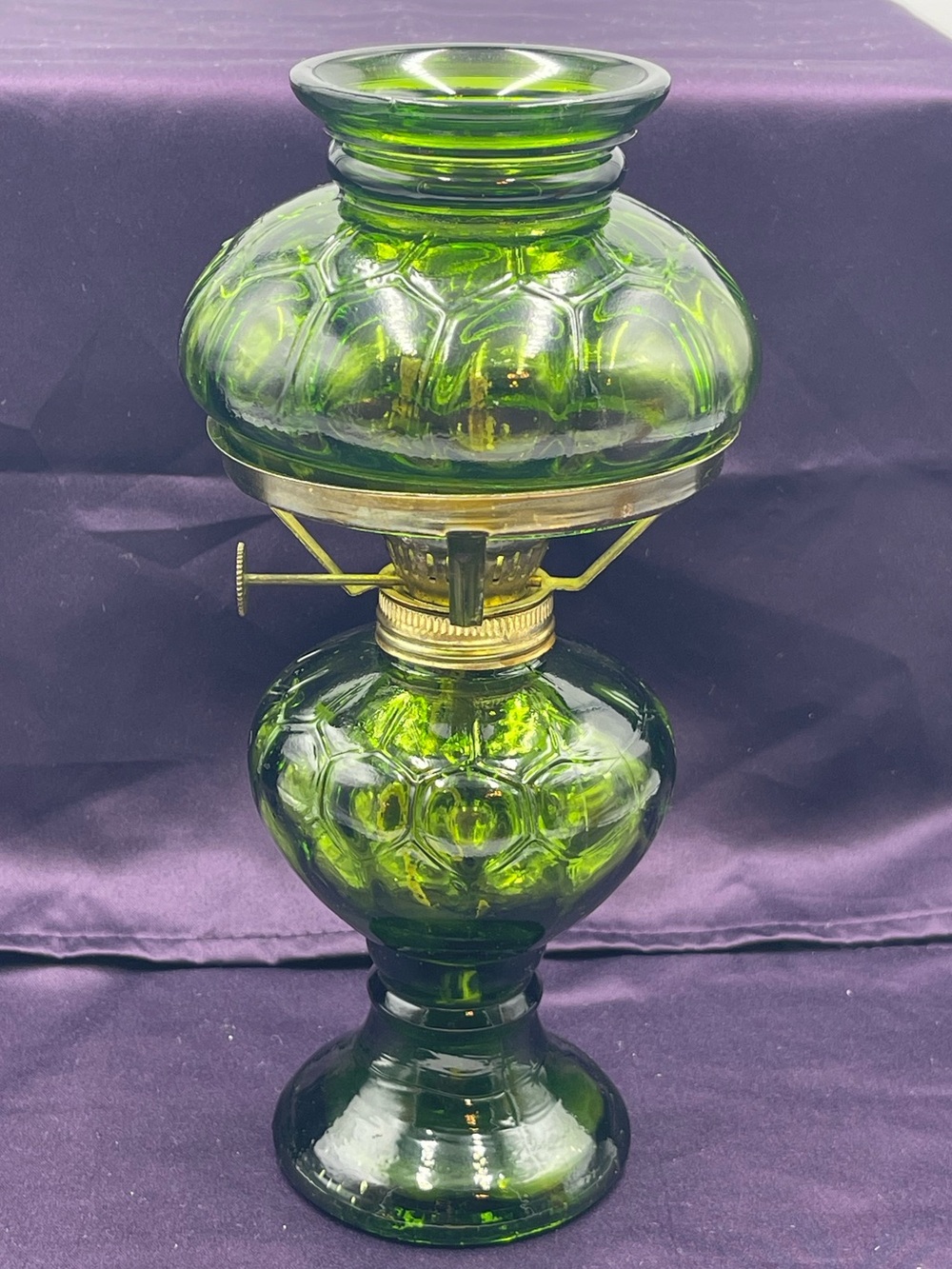 Vintage Emerald Green Pressed Glass Hurricane Oil Lamp w/Brass Metal Wick Collar